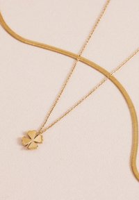 Divas zelta kaklarotas uz gaišas virsmas; viena ar plakanu ķēdi, otra ar ķēdi, kurai piekariņš ir četrlapu āboliņa formā.