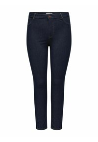 Mörkblå skinny jeans med framfickor, bälteshällor och knappstängning, visade mot en vit bakgrund.