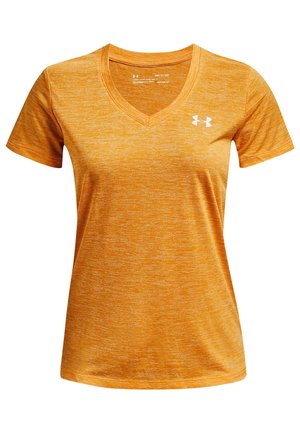 Oranžové atletické tričko s krátkým rukávem a výstřihem do V s bílým logem Under Armour na hrudi.