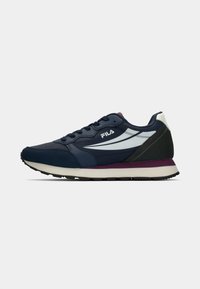 Navy blue athletic shoe with a smooth synthetic upper, white accents, cushioned sole, and textured black heel. Features lace closure.