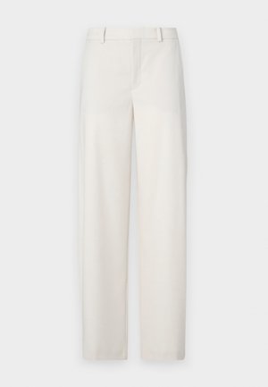 Lys beige bukser laget av et glatt stoff, med rette ben, flat front, beltehemper og sidelommer.