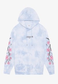 Felpa con cappuccio tie-dye azzurro chiaro con ricamo floreale rosa sulle maniche, tasca a marsupio e coulisse. Etichetta "YOU TURN" sulla parte anteriore.