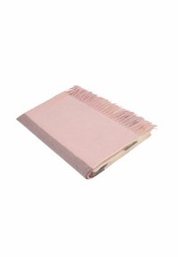 Coperta morbida rosa pallido e crema con frange, caratterizzata da una texture liscia e un design semplice ed elegante. I bordi sono di un marrone tenue.