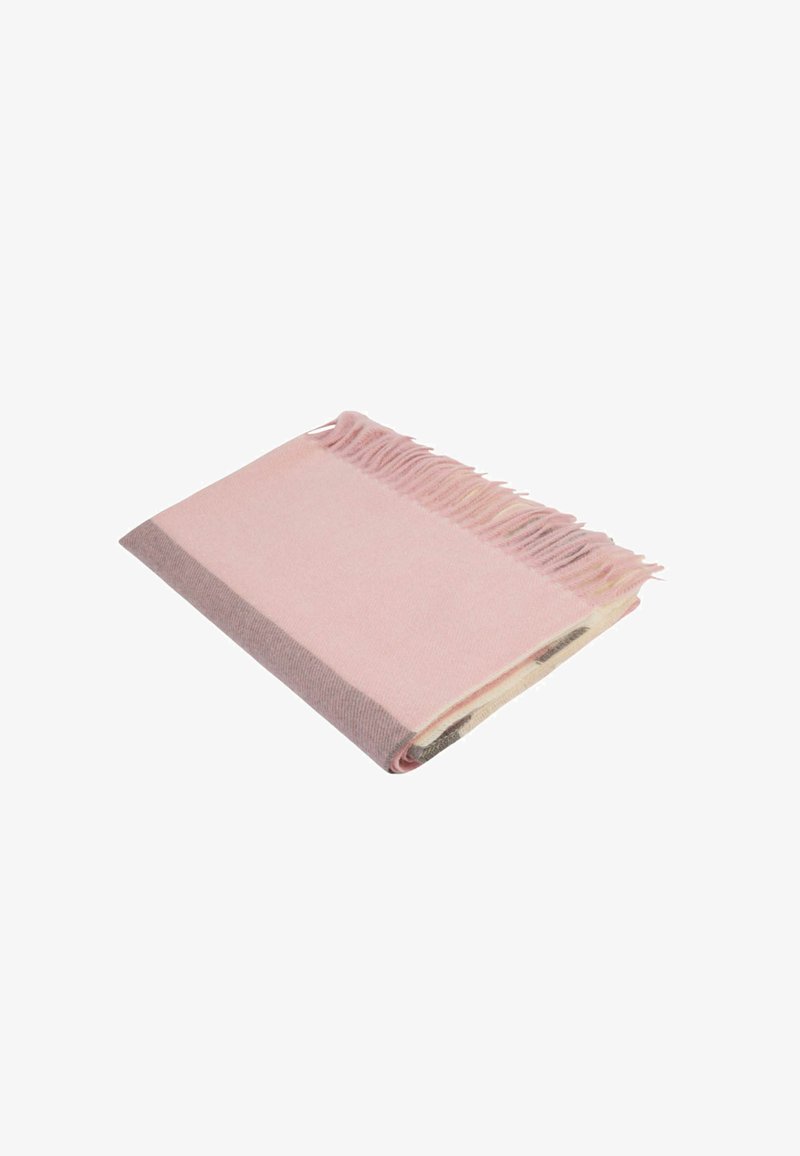 Coperta morbida rosa pallido e crema con frange, caratterizzata da una texture liscia e un design semplice ed elegante. I bordi sono di un marrone tenue.