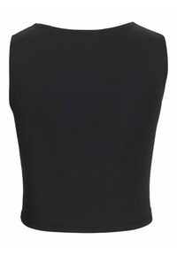 Top corto nero in tessuto elasticizzato con scollatura rotonda, superficie liscia e senza cuciture visibili sul retro.