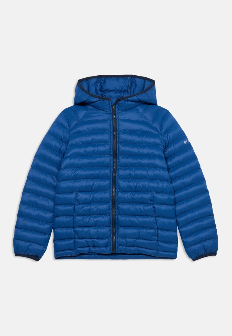 Μπλε φουσκωτό μπουφάν με κουκούλα και οριζόντια ραφή, με πλήρες φερμουάρ μπροστά και ελαστικά μανίκια, απλωμένο επίπεδα σε λευκό φόντο.