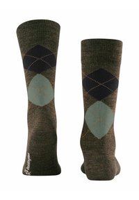 Brązowe i zielone skarpetki argyle z teksturowanym splotem, z ciemnoniebieskimi diamentami i jasnoniebieskimi akcentami. Wzmocniony czubek i pięta.