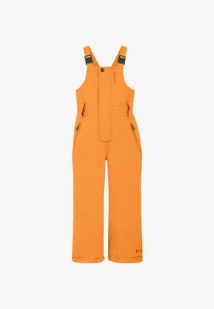 Bright orange insulated bib pants with adjustable shoulder straps, front zipper flap, and zippered side pockets for cold weather protection.