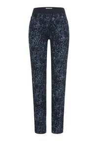 Navy-gepatroniseerde broek met een bloemenpatroon. Gemaakt van een textuurstof, met een elastische tailleband voor comfort en een slim fit.
