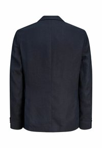 Tmavě námořnicky modré pánské sako zobrazené zezadu s kolmým švem uprostřed a dlouhými rukávy.