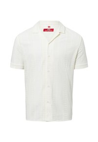Camicia bianca a maniche corte con un motivo testurizzato, dotata di collo e chiusura a bottoni. Realizzata in tessuto leggero e traspirante.