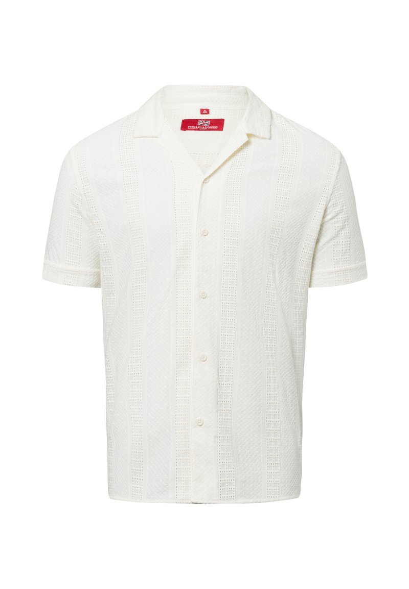 Camicia bianca a maniche corte con un motivo testurizzato, dotata di collo e chiusura a bottoni. Realizzata in tessuto leggero e traspirante.