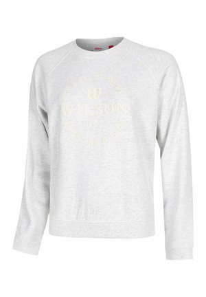 Felpa grigia chiara a maniche lunghe con scollo tondo, con la scritta "Wilson USA Sporting Goods" stampata in giallo pallido al centro frontale.