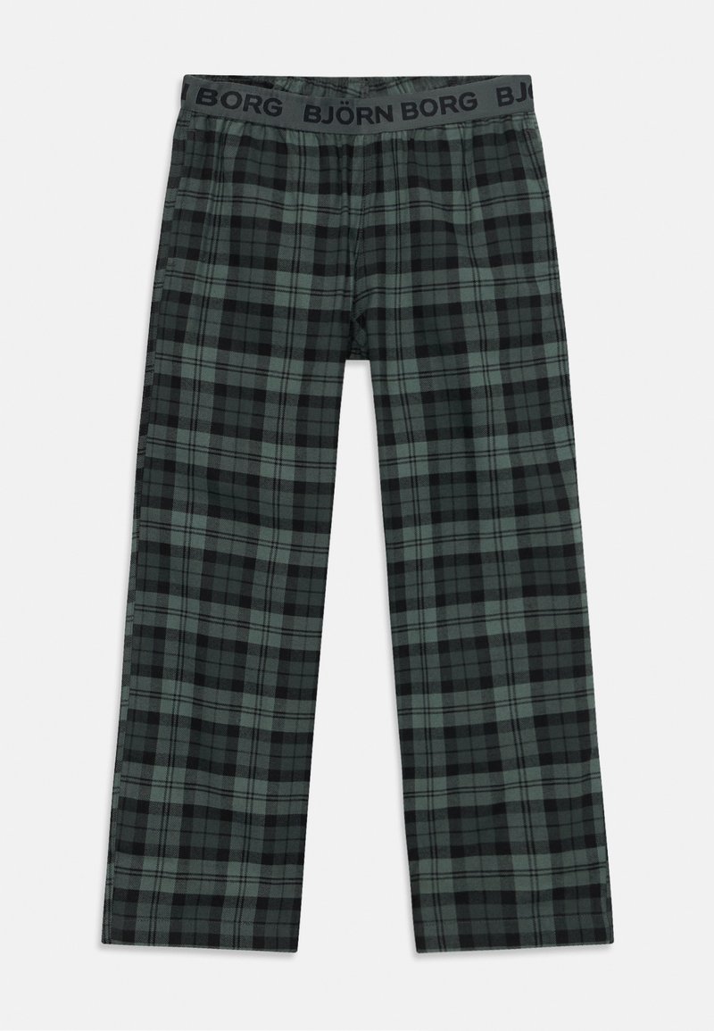 Geruite broek met een donkergroen en zwart patroon, gemaakt van zachte stof, met een elastische tailleband waarop het logo "BJÖRN BORG" staat.