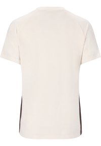 Krämfärgad t-shirt med kort ärm och en mjuk textur, med bruna sidopaneler. Enkel, lätt design utan mönster eller grafik.