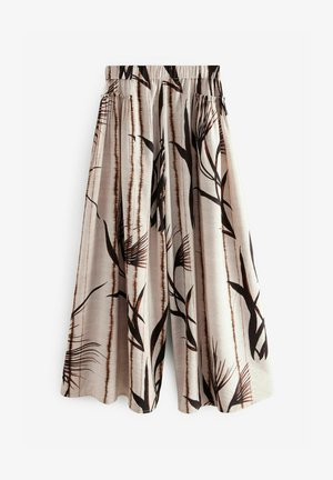 Beige skirt with black and brown botanical prints, elastic waistband, pleated design, and side pockets. Soft, lightweight fabric.