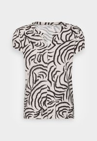 Haut à manches courtes en tissu léger avec un motif rayé zèbre noir et blanc, col en V et détails subtils de plis.