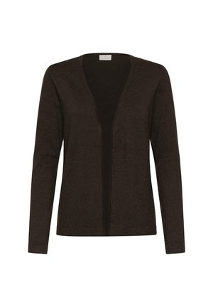 Cardigan lung cu mânecă lungă, de culoare maro, cu decolteu în V și front deschis. Textură moale, fără nasturi sau închideri suplimentare, design minimalist.