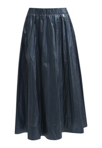 Long, dark blue skirt made of shiny, crinkled material, featuring an elastic waistband and a small logo accent near the waistband.