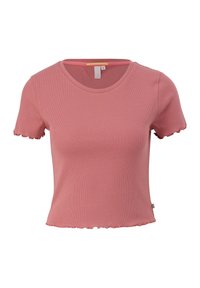 Lyserød ribbet t-shirt med korte ærmer, rund halsudskæring og bølgede ærmekanter. Har et lille logo på siden.