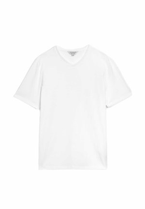 Weißes V-Ausschnitt-T-Shirt aus weichem, leichtem Stoff mit kurzen Ärmeln, das ein einfaches Design und einen geraden Schnitt aufweist.