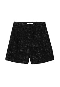 Shorts en tweed noir avec une surface texturée, un devant plissé et des poches latérales. La ceinture est plate sans aucune pièce métallique apparente.