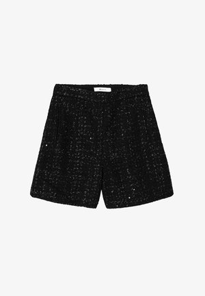 Shorts en tweed noir avec une surface texturée, un devant plissé et des poches latérales. La ceinture est plate sans aucune pièce métallique apparente.