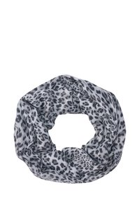 Écharpe circulaire en tissu léger, ornée d'un motif léopard noir et gris, avec une texture douce et une conception drapée.