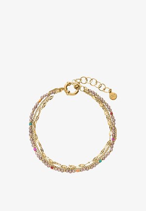 Multi-strand bracelet featuring gold-tone metal, glass beads in pastel colors, and decorative links. Includes a lobster clasp and extension chain.