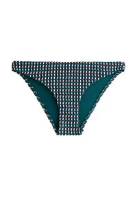 Bikini spodek s tkaným vzorem v tyrkysové, bílé a burgundské barvě, s jednolitým tyrkysovým vnitřkem a elastickými okraji pro bezpečné nošení.