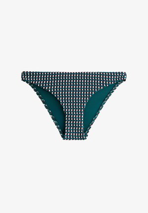 Bas de bikini avec un motif tissé en teal, blanc et bordeaux, présentant un intérieur en teal uni et des bords élastiques pour un maintien sécurisé.
