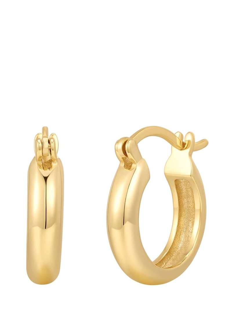 Guldhoop örhängen med en slät, polerad yta och ett markerat gångjärnsfäste. Rund form och sömlös design.