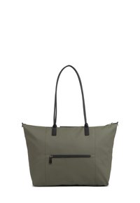 Borsa tote verde oliva realizzata in tessuto resistente con dettagli in pelle nera. Presenta manici lunghi e una tasca frontale con zip.