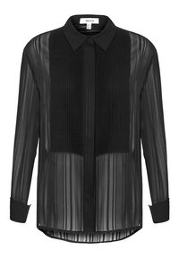 Maglietta nera a maniche lunghe con design plissettato, realizzata in tessuto trasparente con colletto a punte e chiusura a bottoni, texture liscia.