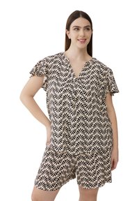 Giocattolo a maniche corte, con scollatura a V in crema con un motivo di foglie nere. Tessuto leggero, vestibilità rilassata, pantaloni corti fino al ginocchio e bordi delle maniche arricciati.