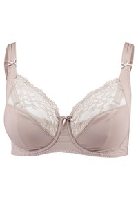 Beige bh met kantdetail bovenaan, met beugels voor ondersteuning en verstelbare bandjes. Heeft een kleine strik in het midden en naadloze cups.