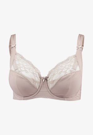 Béžová podprsenka s čipkovým detailom na vrchu, s kosticami na podporu a nastaviteľnými ramienkami. Má malé mašľu v strede a bezšvové košíčky.
