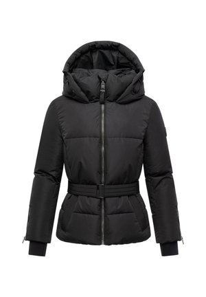 Melna pūkaina jakas ar kapuci, jostu viduklī, ar rāvējslēdzēju priekšpusē un ribinātiem aprocēm. Kvadrātveida tekstūra piešķir siltumu un stilu.