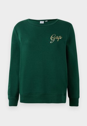 Felpa verde realizzata in materiale fleece, con scollo rotondo, maniche lunghe e logo "Gap" ricamato in oro sul petto.