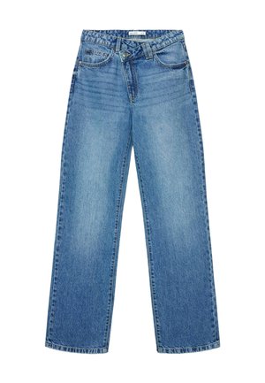 Jean denim bleu à jambes larges avec cinq poches, fermeture par bouton et fermeture éclair, et légère décoloration sur l'avant des cuisses.