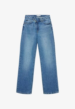 Jean denim bleu à jambes larges avec cinq poches, fermeture par bouton et fermeture éclair, et légère décoloration sur l'avant des cuisses.