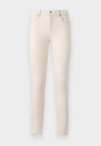 Jeans ajustados de color beige claro, hechos de denim. Cuentan con cinco bolsillos, lazos para cinturón y una cremallera con un cierre de botón.