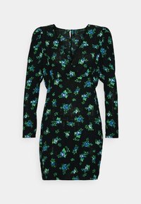 Robe noire à fleurs avec manches longues, ornée de fleurs bleues et vertes, décolleté en V et silhouette ajustée. Fermeture éclair au dos.