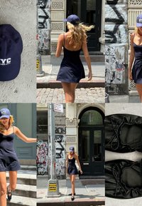Casquette marine avec le texte "NYC", robe noire sans manches avec une jupe évasée, et ballerines noires. Décor urbain avec graffiti.
