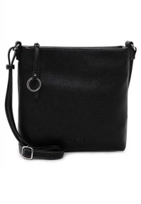 Borsa a tracolla in pelle nera con superficie testurizzata, chiusura con zip, tracolla regolabile e un accento hardware circolare. Logo stampato sul davanti.