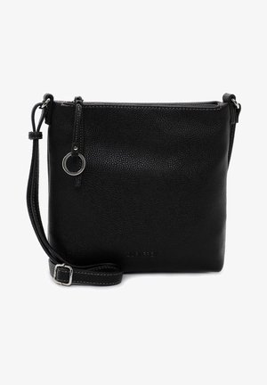 Black leather crossbody bag with a textured surface, zip closure, adjustable strap, and a circular hardware accent. Logo printed on front.