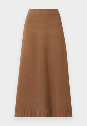 Jupe midi marron en maille avec une ceinture côtelée et un motif texturé, arborant une coupe droite et un ourlet subtilement évasé.