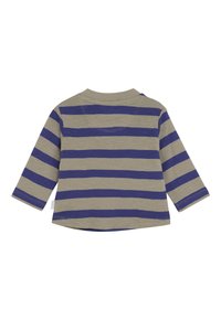 Langdurige peuter T-shirt met beige en donkerblauwe horizontale strepen, ronde hals en eenvoudige steken details.