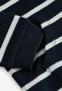 Sini sininen neulepaita, jossa on valkoisia vaakaraitoja, ja joka sisältää tekstuuriltaan erikoista kangasta sekä ribbireunat hihojen päissä.