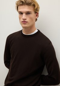 Maglione marrone a maniche lunghe con scollatura tonda, indossato sopra una camicia bianca. Il tessuto appare morbido e aderente con una texture liscia.